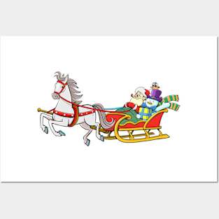 Santa Claus and Snowman in a horse-drawn sleigh Posters and Art